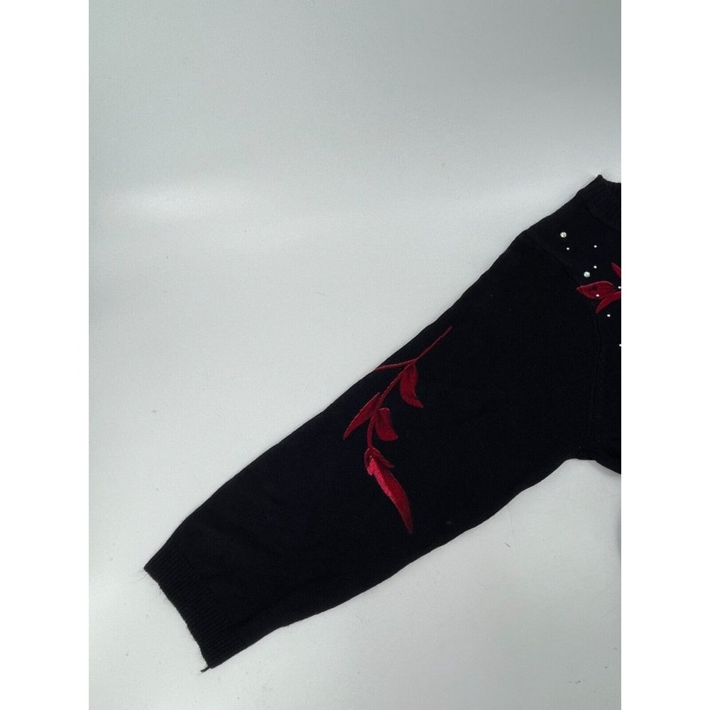 C. D. Petites Women's 3/4 Sleeve Black Rhinestone Roses Knit Sweater Size PS - Picture 6 of 11